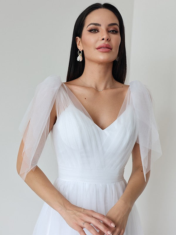 Wholesale A-Line/Princess Tulle Ruffles V-neck Sleeveless Floor-Length Wedding Dresses